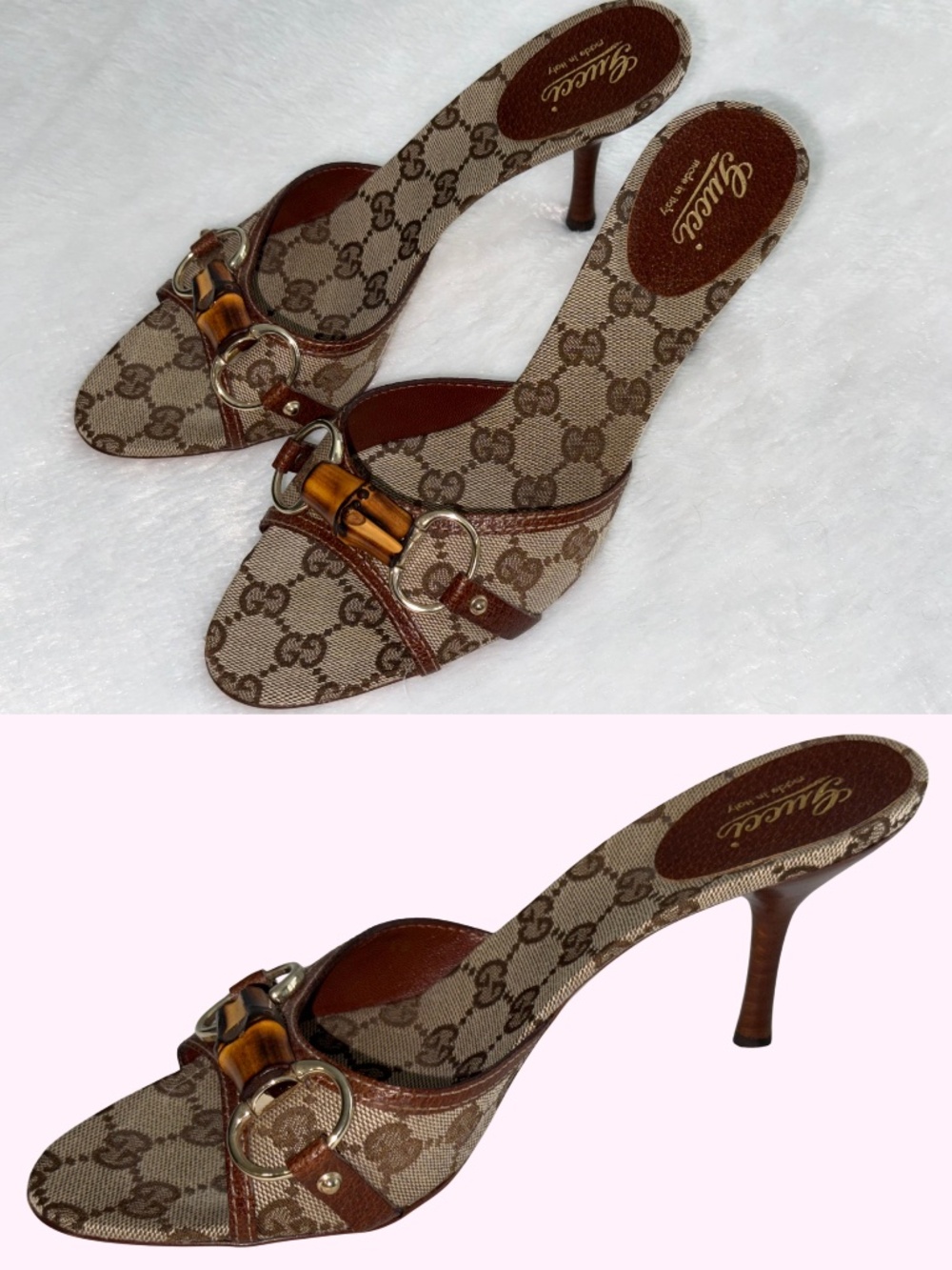 Y2K VIntage Gucci Monogram Kitten Heel Bamboo Sz 7.5 MOMS ARCHIVE